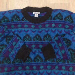 Vintage Gallagher Geometric Pattern Colorful Blue Knit Mohair Mens Sweater Sz L